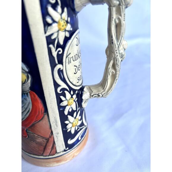 Ceramic Beer Stein, Metal Lid Covered, People Drinking Around Table, Germany - Picture 10 of 10